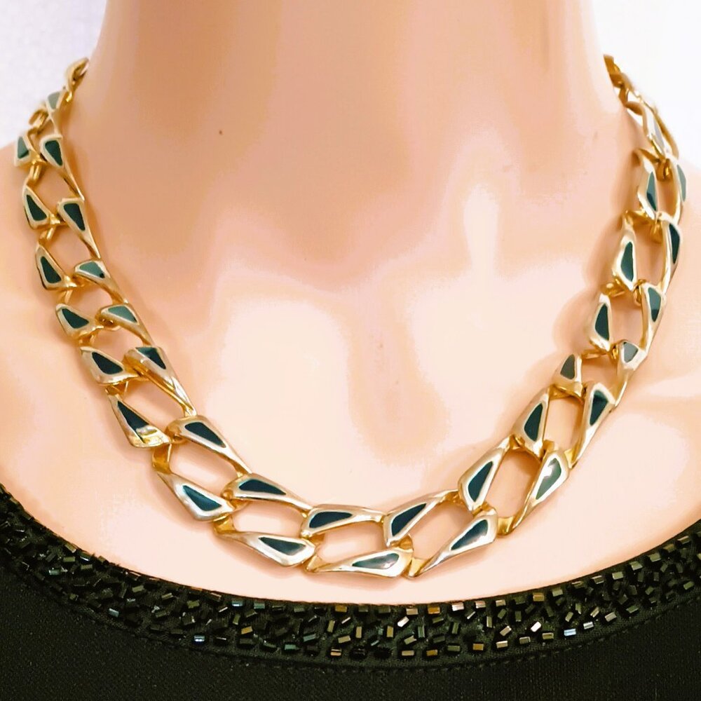Vintage Abstract Link Collar Necklace 18" Women's Gold Tone Black Enamel Jewelry